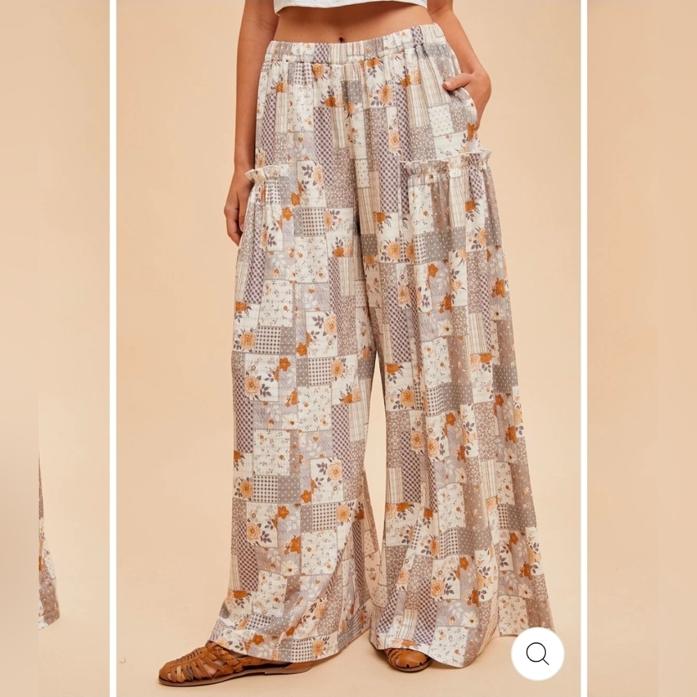 NEW!!! Wide Leg Patchwork Floral Pants - Beige Floral, Sz XL, NWT